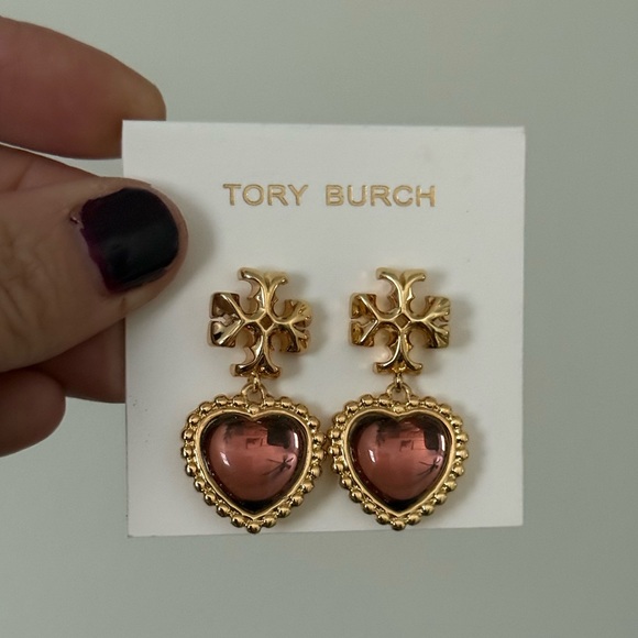 NWT Tory Burch Gold and mauve Heart Earrings - Picture 3 of 5